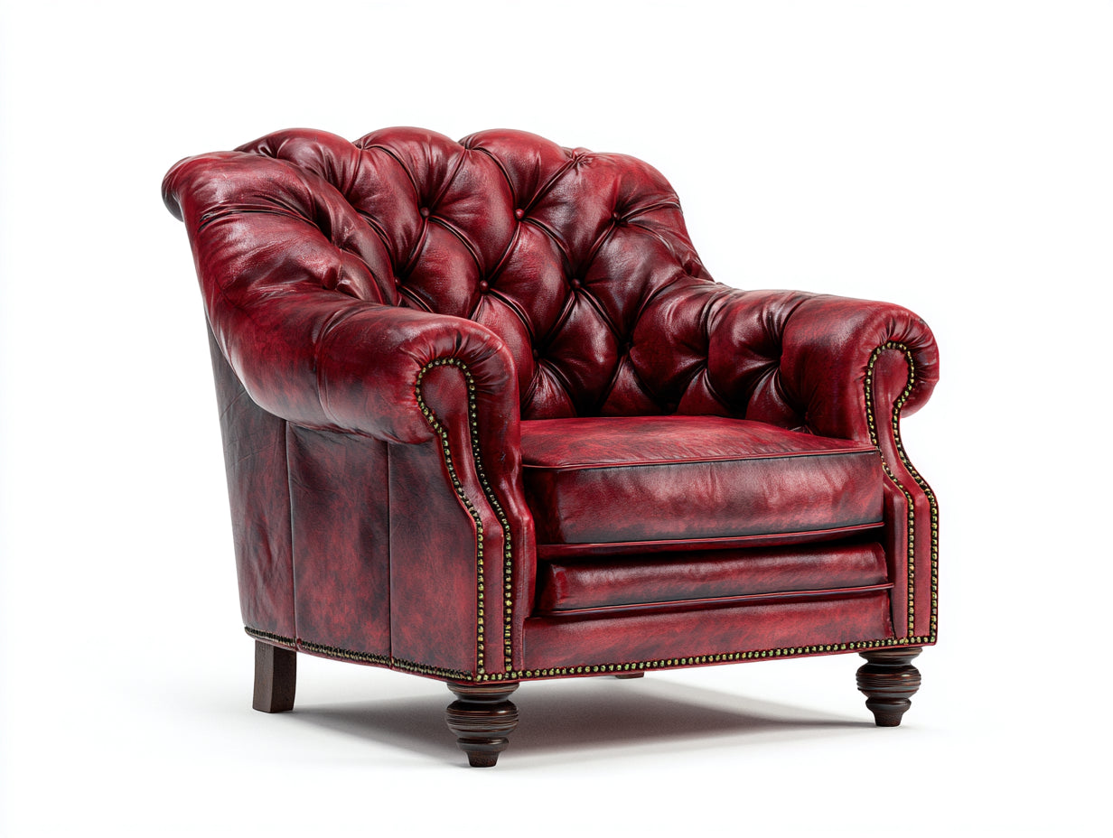 Fauteuil-bois-revetement vieilli-87x95x113 cm-rouge bordeaux-style Chesterfield classique