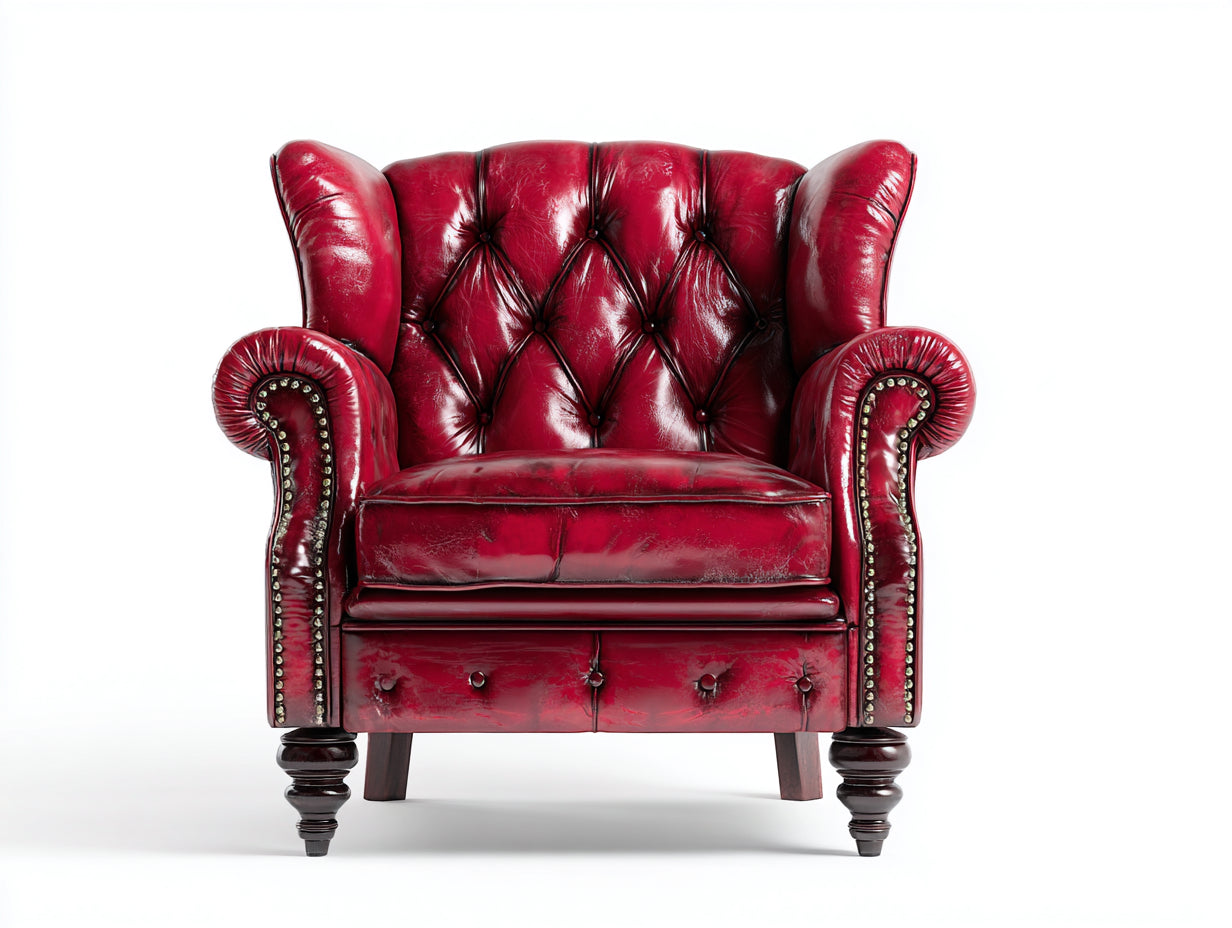 Fauteuil-revetement cuir vieilli-90x96x114 cm-rouge bordeaux-style Chesterfield capitonné