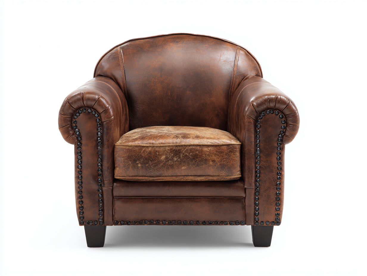Fauteuil-bois-revetement cuir vieilli-82x88x110 cm-marron brun-style club classique
