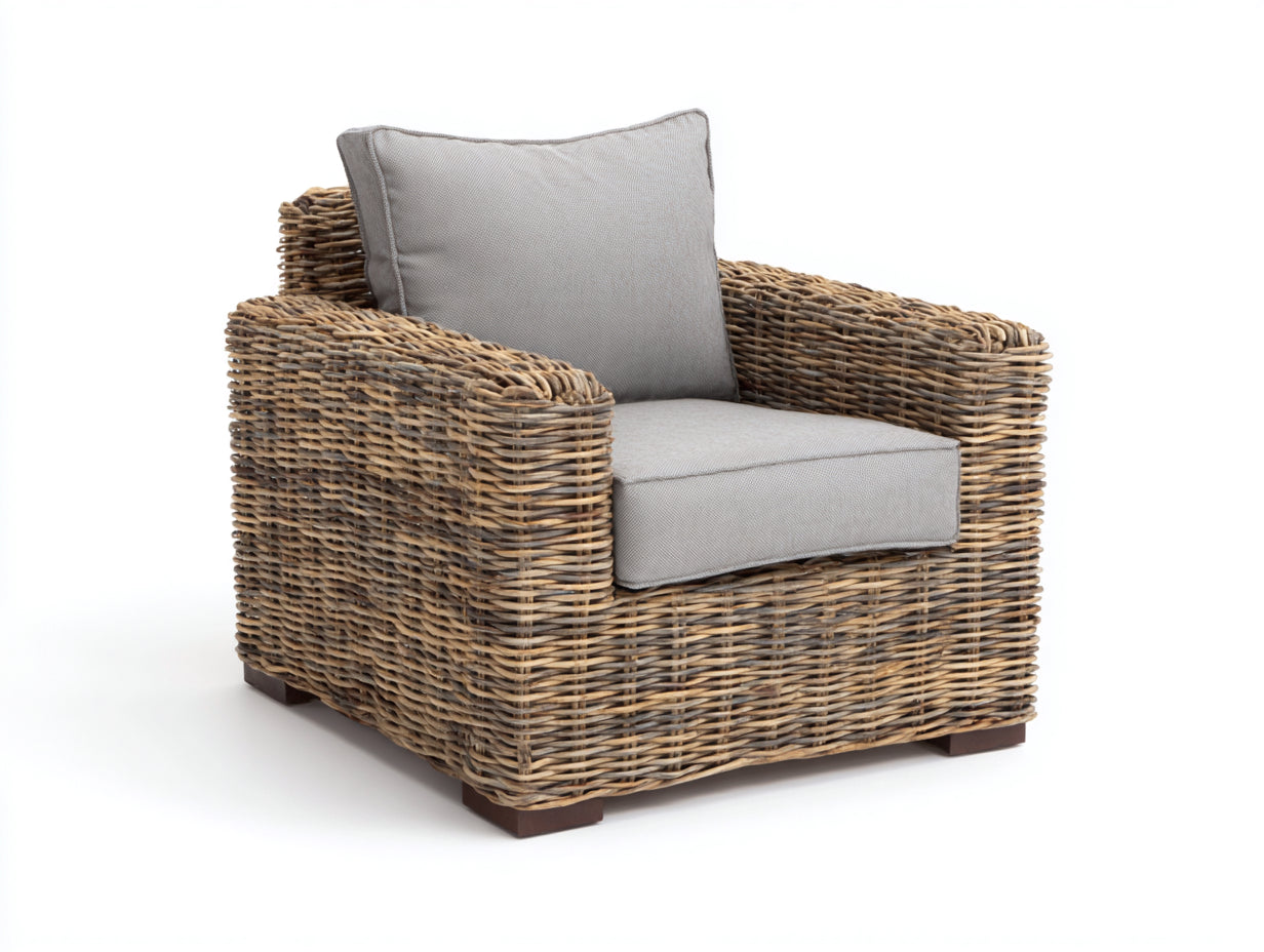Fauteuil de jardin - rotin-tissu-bois - 96 x 90 x 82 cm - gris naturel-gris beige - style rustique