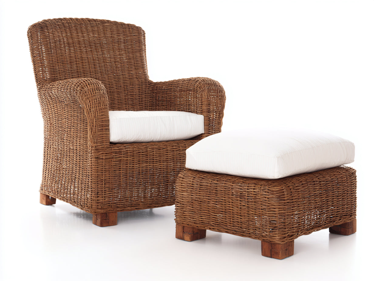 Fauteuil de jardin - rotin-tissu-bois - 91 x 82 x 98 cm - brun-blanc - style classique