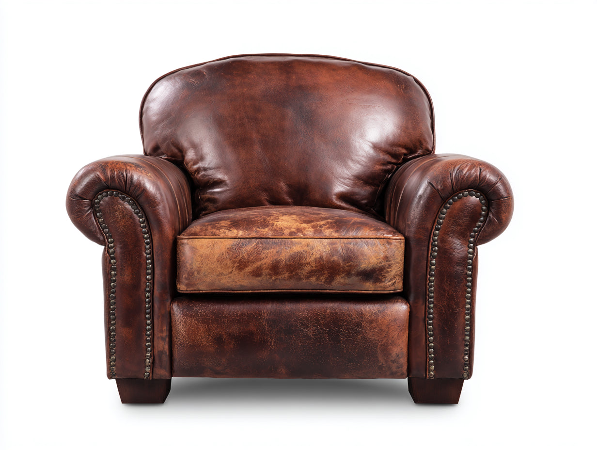 Fauteuil-bois-revetement cuir vieilli-87x91x109 cm-marron brun-style club vintage