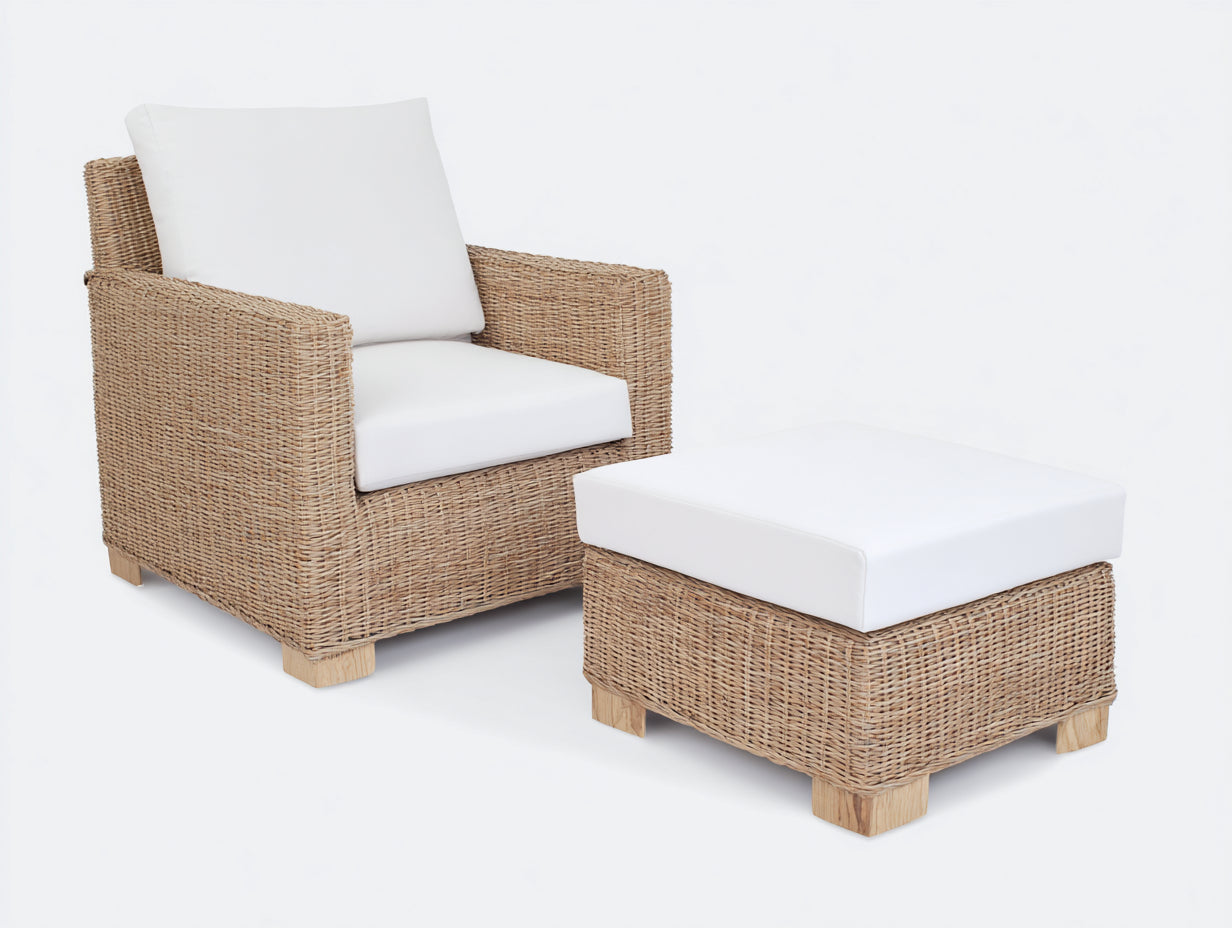 Fauteuil de jardin - rotin-tissu-bois - 95 x 88 x 82 cm - naturel-blanc - style contemporain