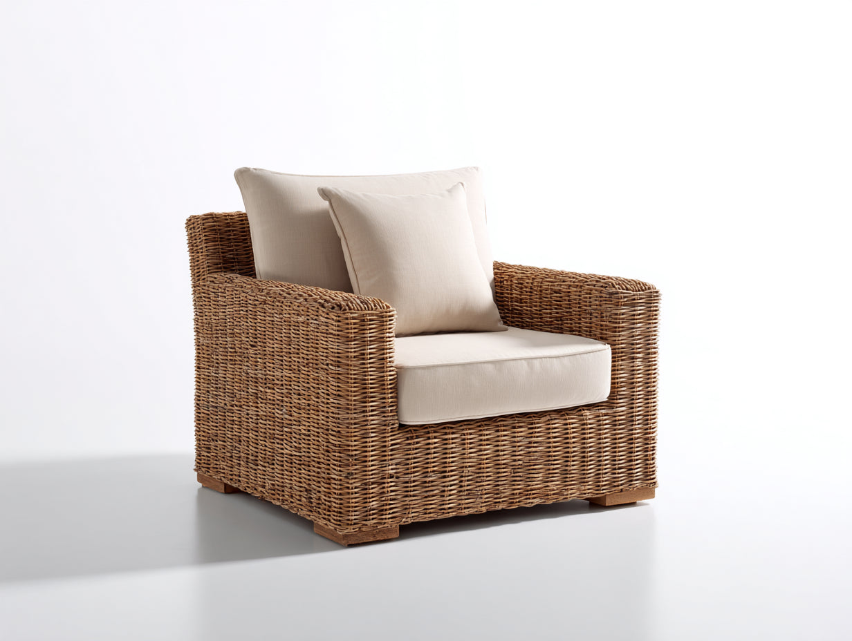 Fauteuil de jardin - rotin-tissu-bois - 95 x 88 x 81 cm - naturel-écru - style bord de mer