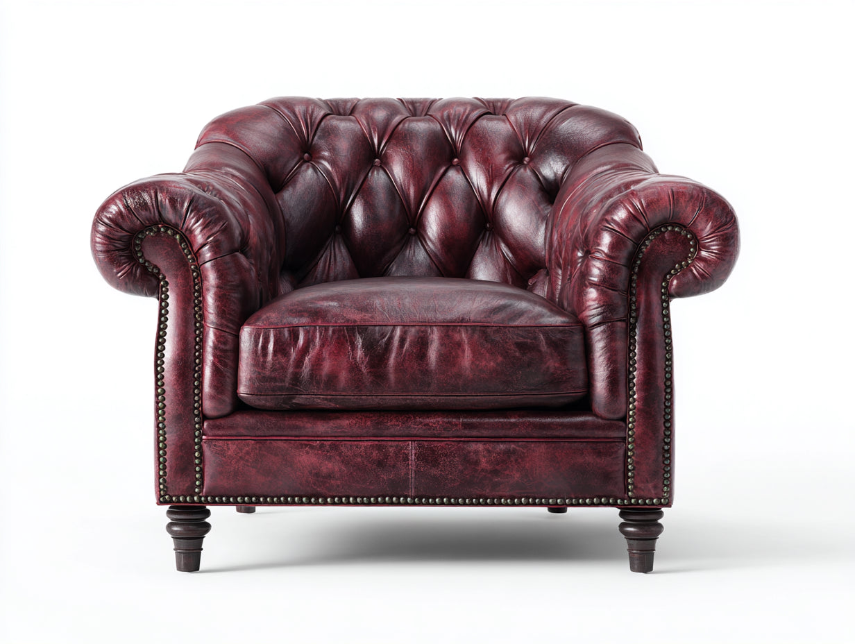 Fauteuil-revetement vieilli-89x95x113 cm-rouge bordeaux-style Chesterfield capitonné