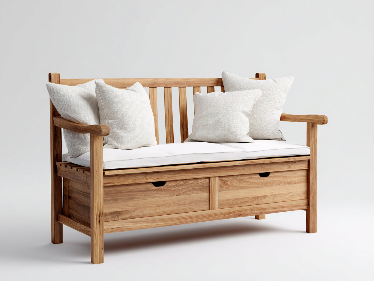 Banc de jardin - Bois-Tissu - 145x65x88 cm - Bois naturel-Blanc - Naturel avec rangement