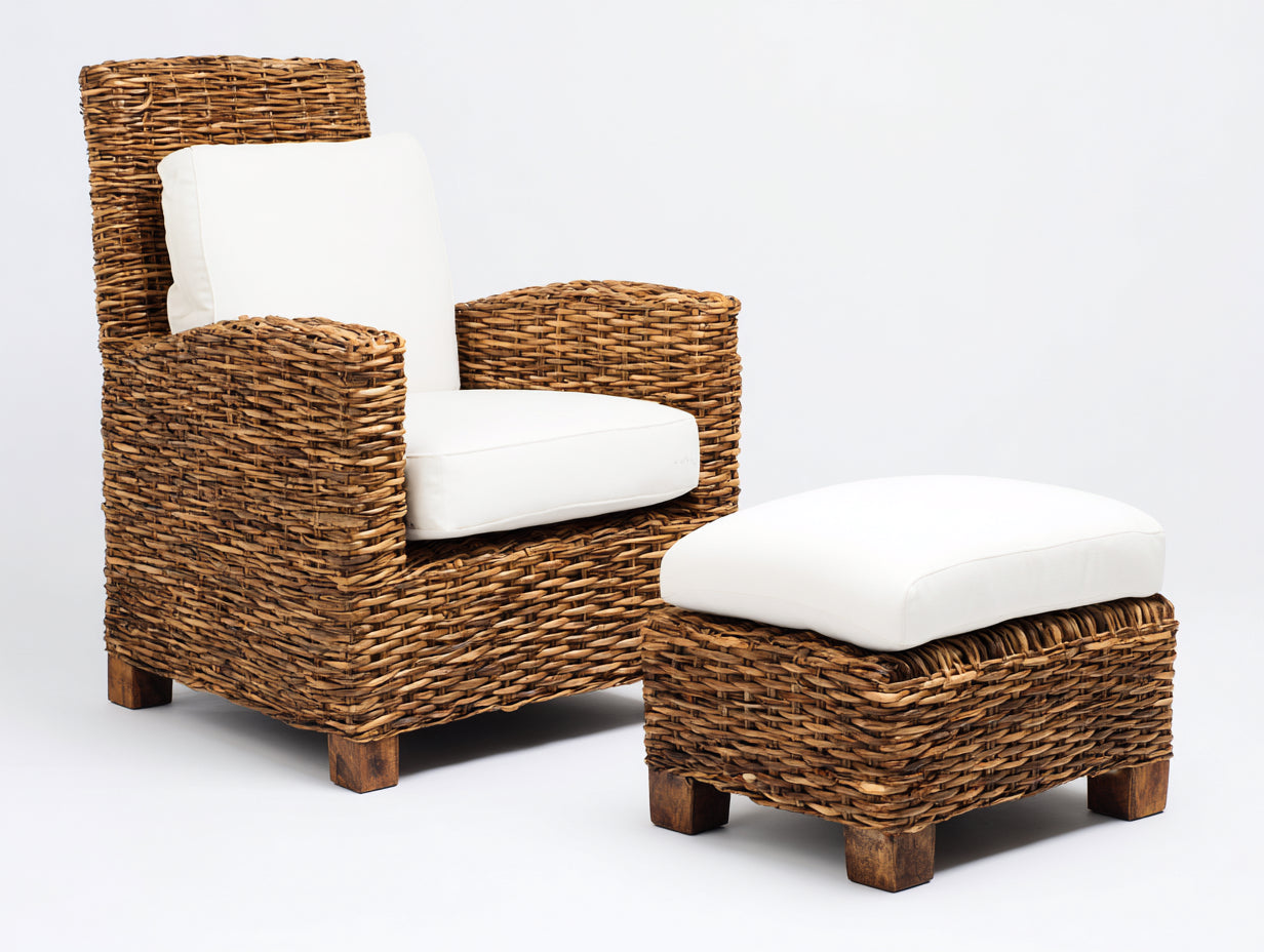 Fauteuil de jardin - rotin-tissu-bois - 92 x 86 x 102 cm - naturel-blanc - style rustique
