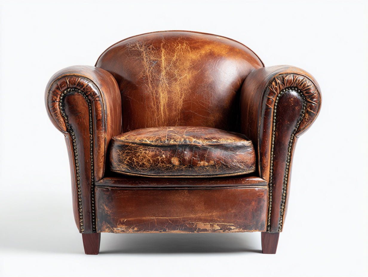 Fauteuil-bois-revetement cuir vieilli-78x86x102 cm-marron brun-style vintage classique