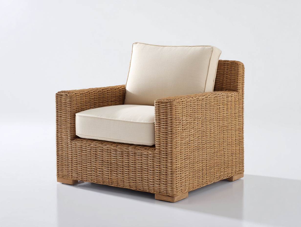 Fauteuil de jardin - rotin-tissu-bois - 93 x 87 x 82 cm - naturel-beige - style classique