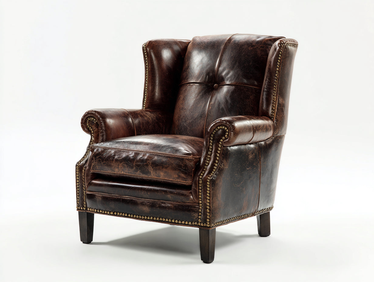 Fauteuil-bois-revetement vieilli-88x94x115 cm-marron foncé-style Chesterfield vintage