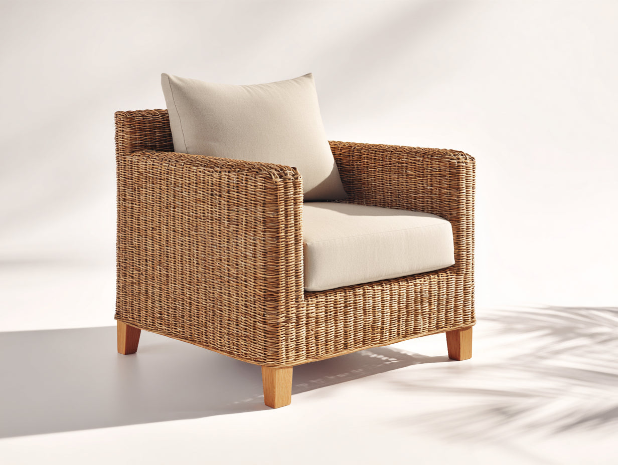 Fauteuil de jardin - rotin-tissu-bois - 94 x 89 x 83 cm - naturel-beige - style bord de mer