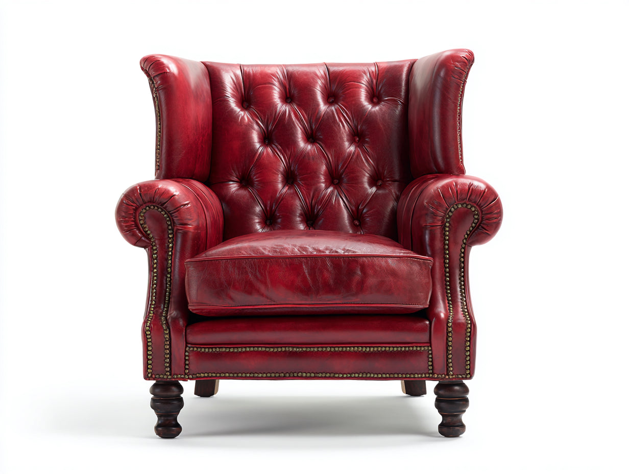 Fauteuil-bois-revetement vieilli-84x96x114 cm-rouge bordeaux-style Chesterfield capitonné