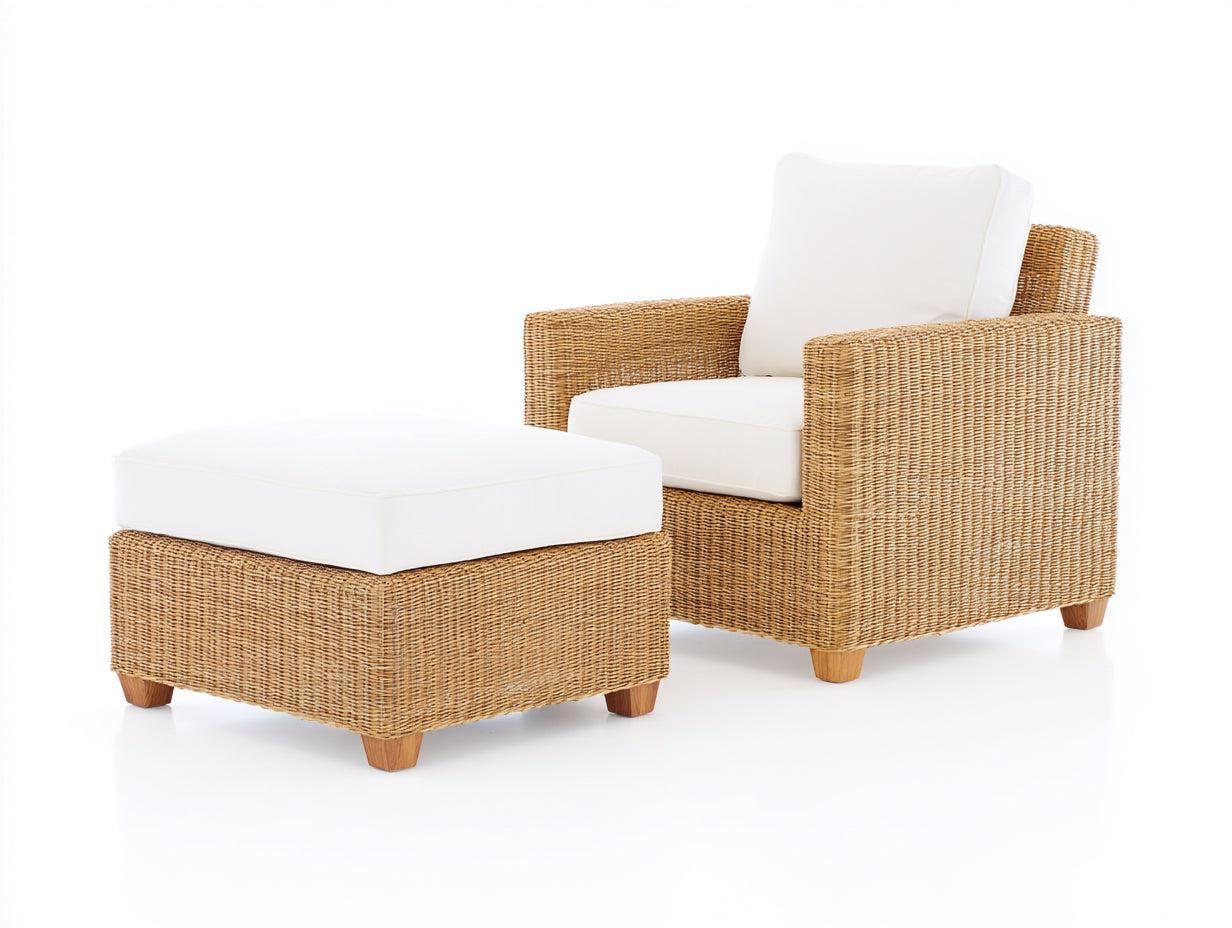 Fauteuil de jardin - rotin-tissu-bois - 94 x 90 x 84 cm - naturel-blanc - style contemporain