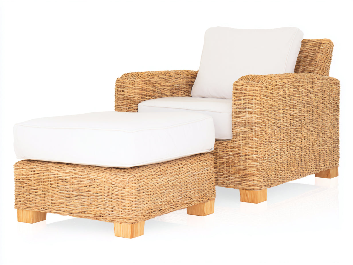 Fauteuil de jardin - rotin-tissu-bois - 96 x 90 x 84 cm - naturel-blanc - style lounge