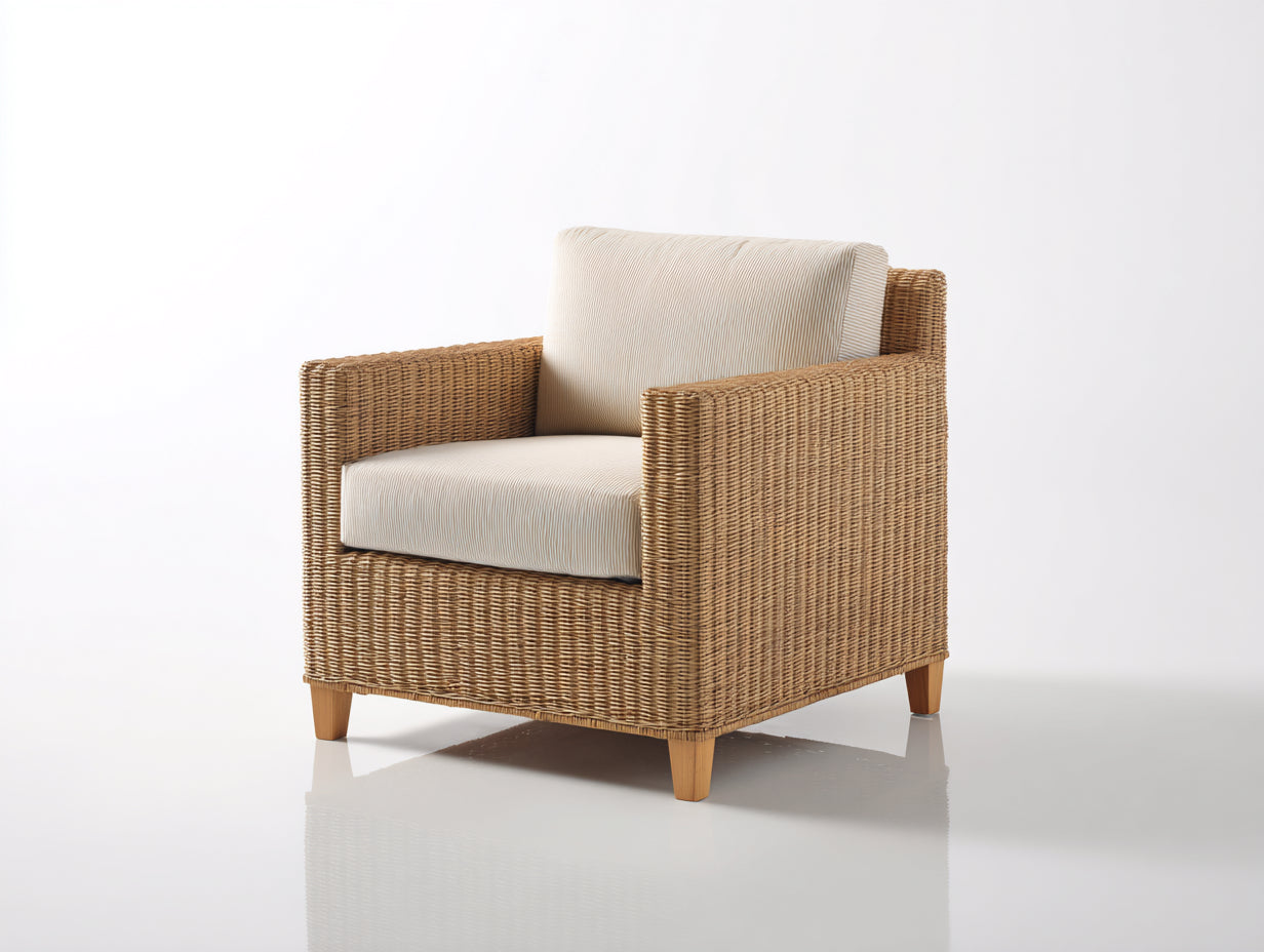 Fauteuil de jardin - rotin-tissu-bois - 91 x 86 x 81 cm - naturel-écru - style naturel