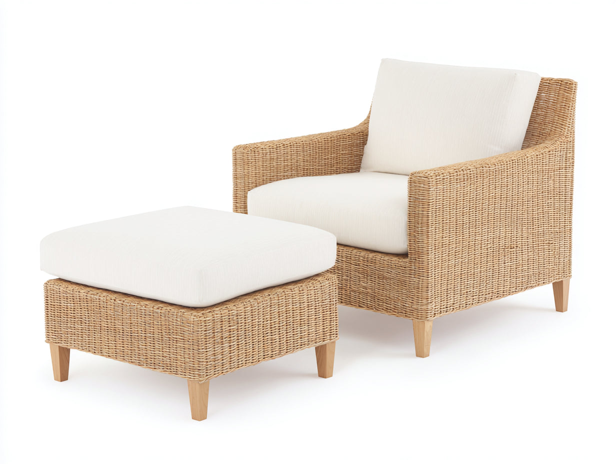 Fauteuil de jardin - rotin-tissu-bois - 96 x 90 x 84 cm - naturel-écru - style lounge